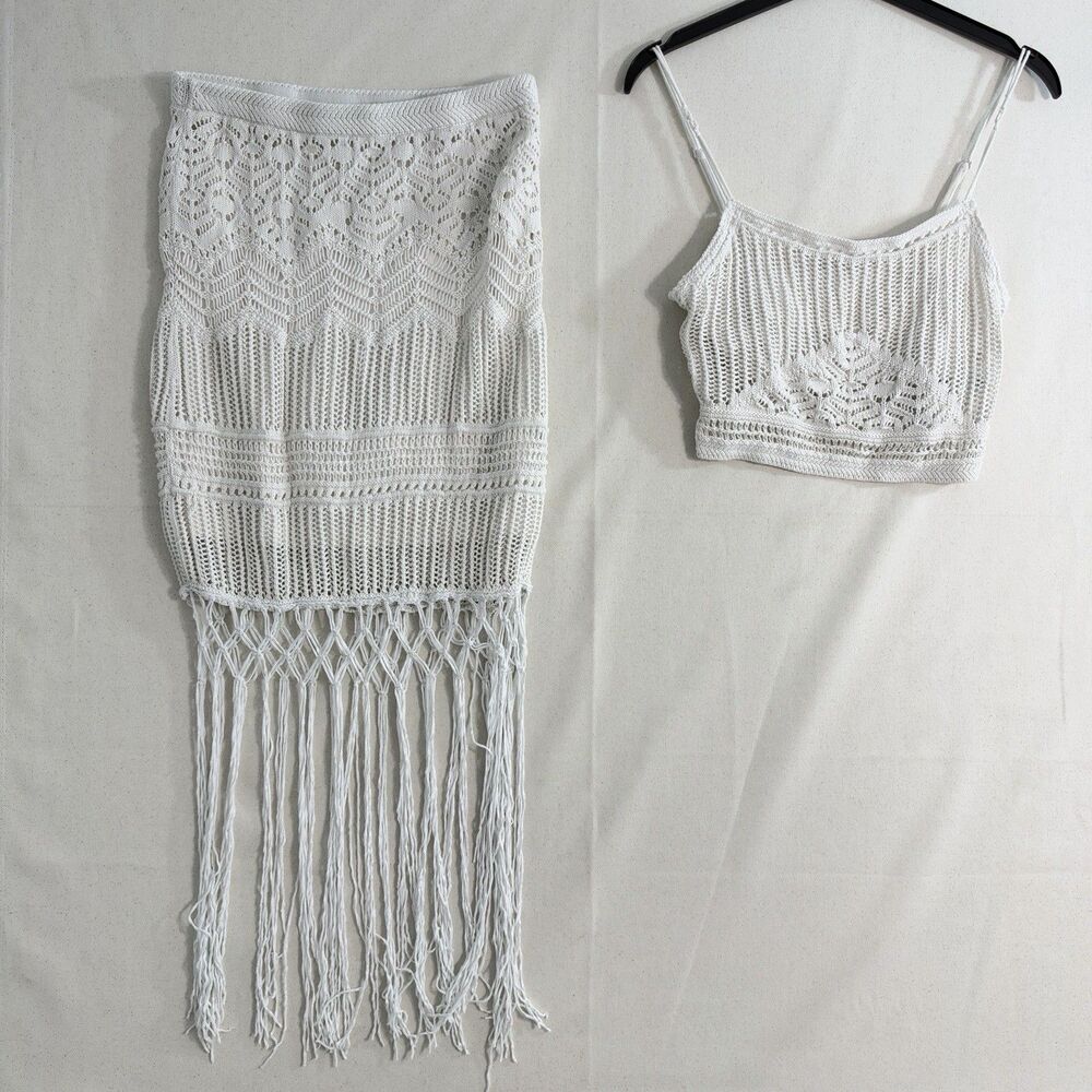 Abercrombie & Fitch White Crochet Fringe Skirt Crop Top 2 Piece Set Small Women